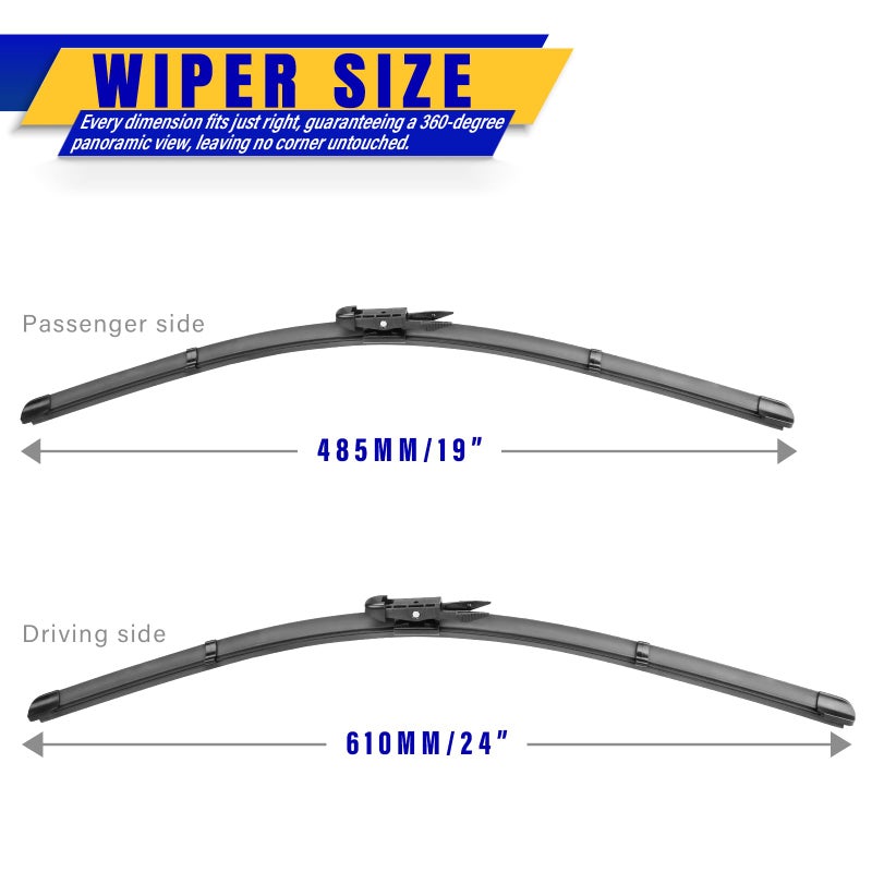 Rooppa 2 wipers Replacement for BMW 3-Series 4-Door E90 E91 F30 F31 F34 F80 M3 09/2009-2018 Audi A3 2005-2013, Windshield Wiper Blades Original Equipment Replacement - 24"/19" (Set of 2) Pinch Tab - Image 2